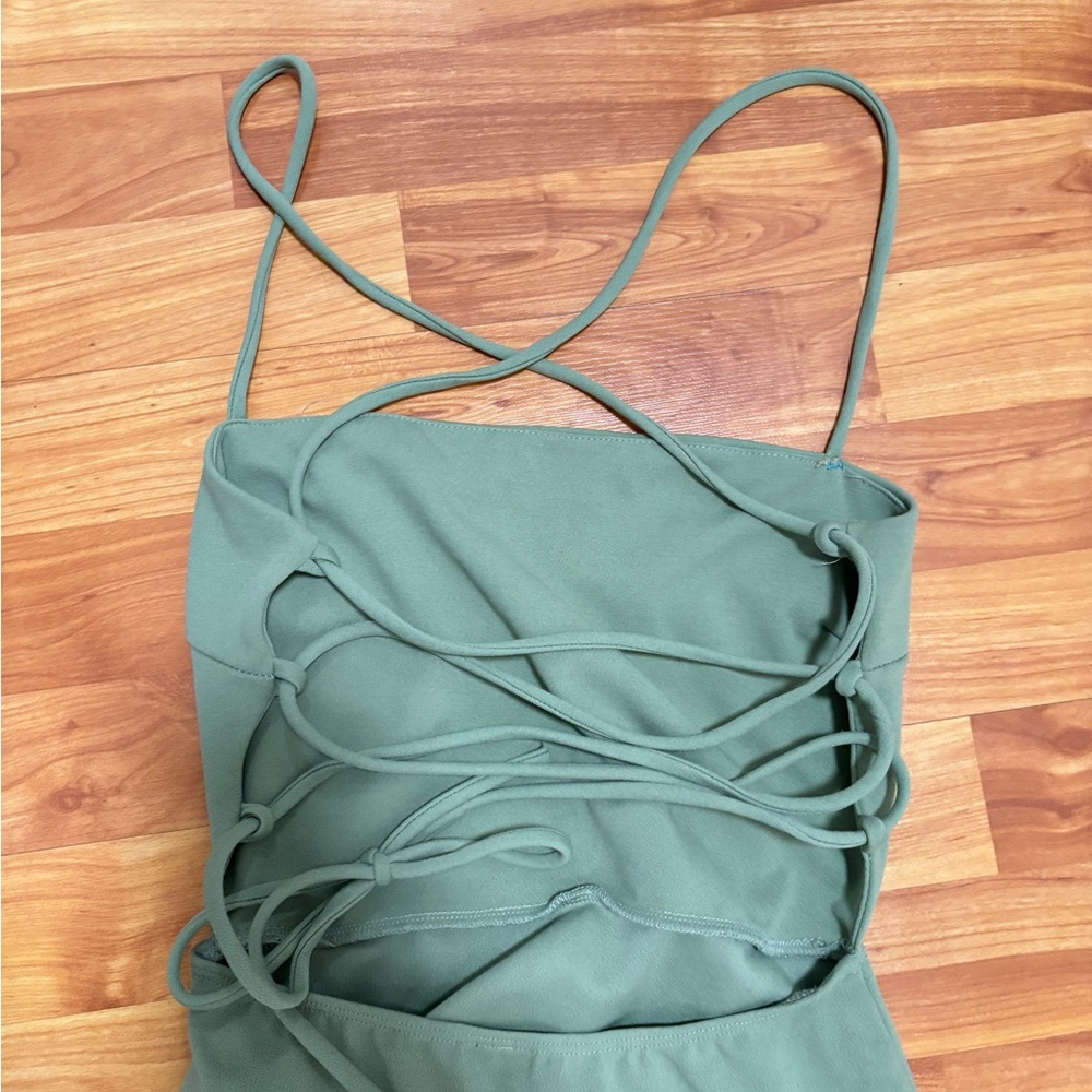 Sage Green Ruched Mini Dress - Picture 3 of 4